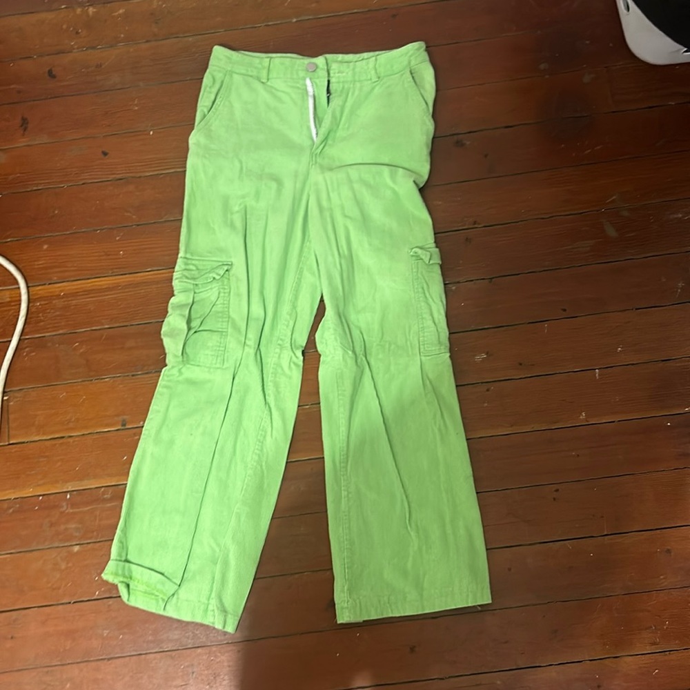 low raise flare neon green corduroy pants